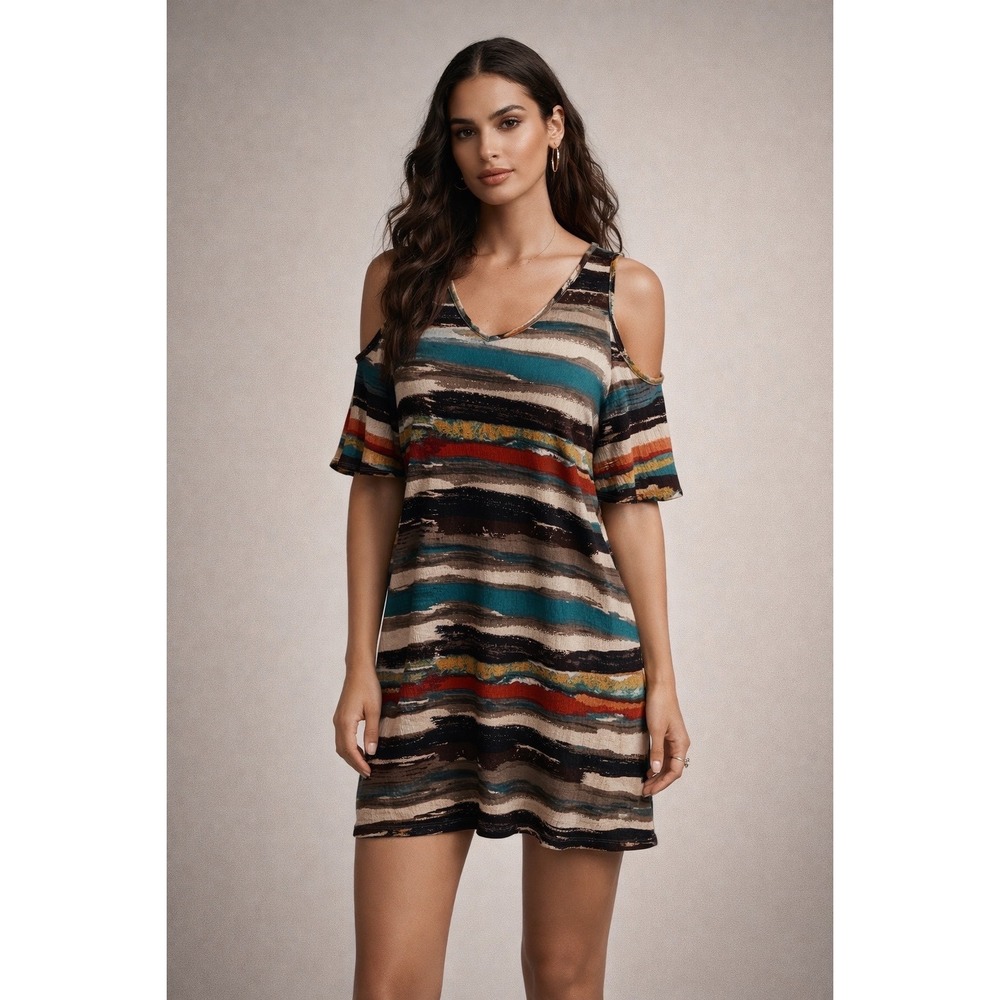 Lilypad Cold Shoulder‎ Abstract Stripe Tunic Dress Women's Medium Made in USA